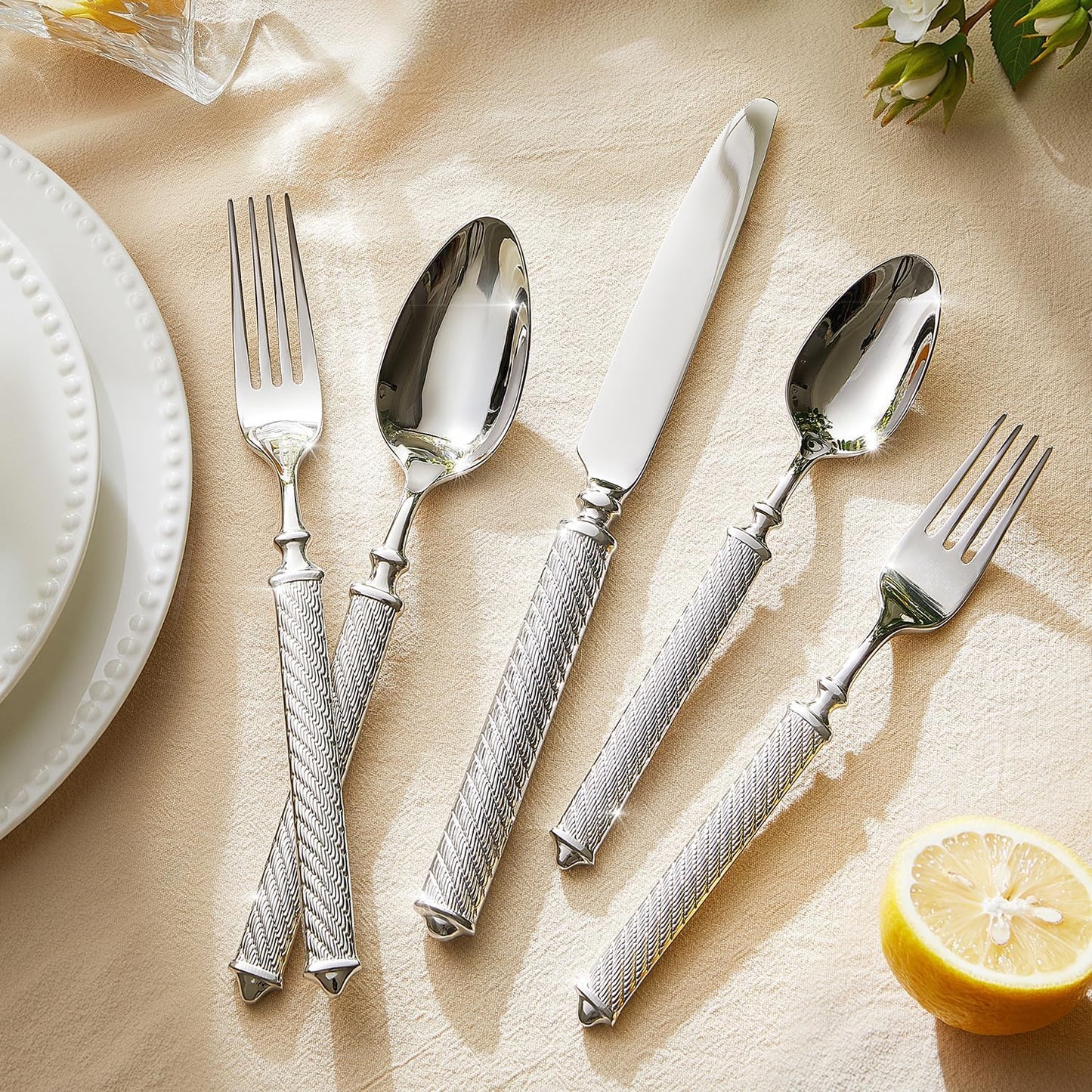 KINGSTONE Retro Rope-Pattern Silverware Set, 40-Piece Flatware Set Cutlery Set Forged with Handcrafted Texture Handles 18/10 Stainless Steel, Dishwasher Safe