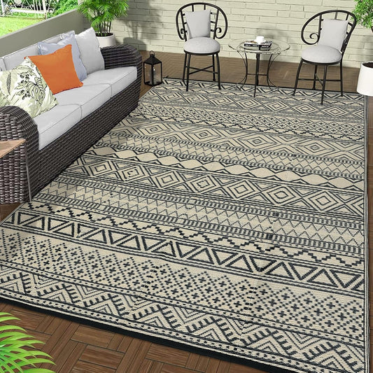 GAOMON Reversible Outdoor Rug 9'x18' Waterproof Plastic Straw Rug, Patio Rug, Large Modern Area Rug Carpet, Indoor Outdoor Rugs for Camping, Porch, Deck, Balcony, Backyard, Black/Coffee(Bohemia)