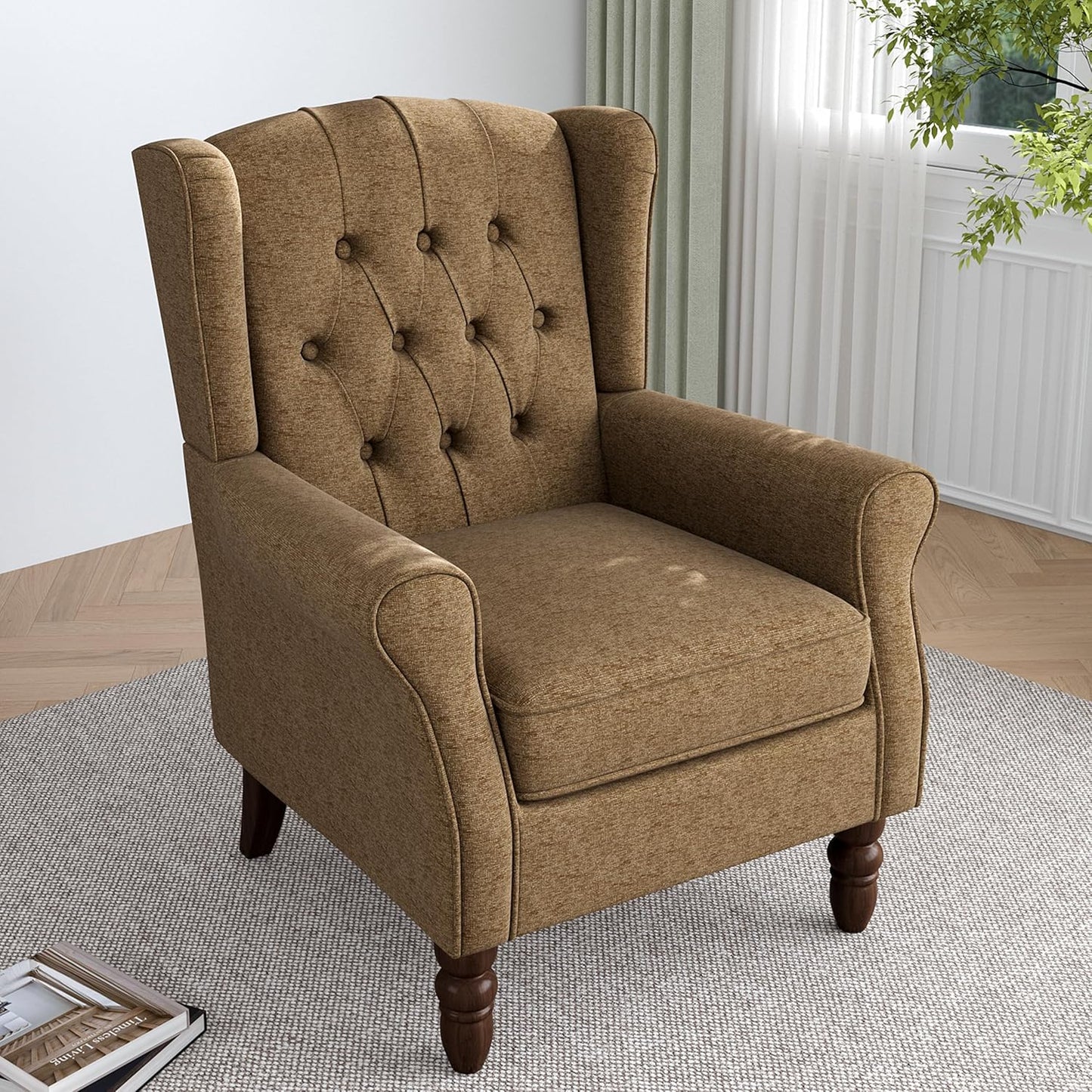 Lumibee High Back Accent Chair,Upholstered Wingback Armchair with Solid Wood Legs for Small Spaces,Comfy Single Sofa Chair for Living Room,Bedroom,Office-Gray