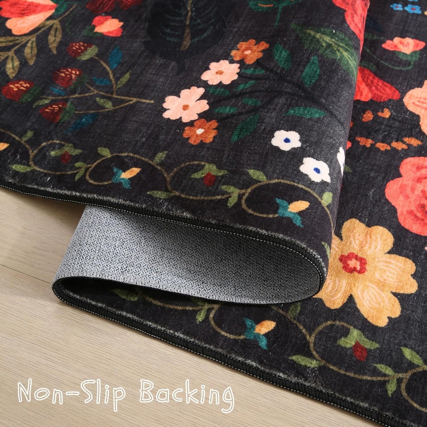 Living Room Rug 5x7 Rug Machine Washable Boho Area Rug Non Slip Floral Vintage Low Pile Large Rugs for Living Room, Bedroom, Farmhouse, Dining Room, Kids Playroom(Black)