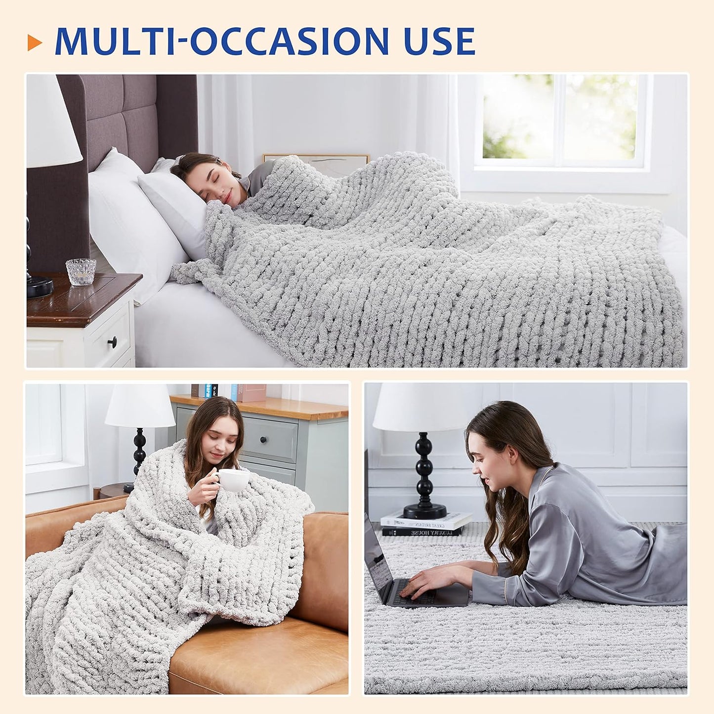 L'AGRATY Chunky Knit Blanket Throw - Soft Chunky Throw Blanket 50''x60'': 100% Hand Kintted Chenile Crochet Throw Blanket for Couch - Large Cable Knit Chunky Blanket for Home Decor(Grey)