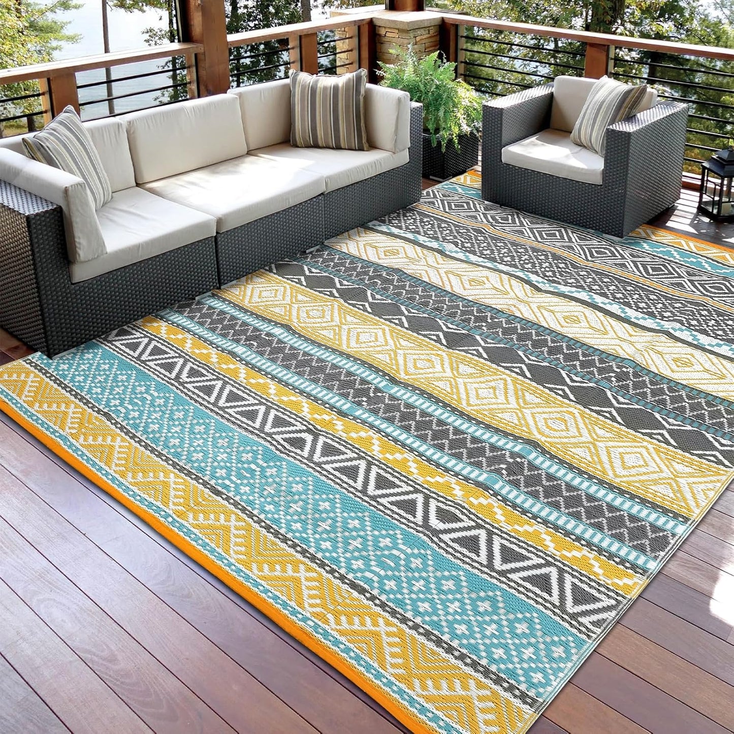 GAOMON Outdoor Plastic Straw Rug, 10'x20' Reversible Sage Green Patio Mat, Flower Modern Design for RV, Backyard, Deck, Camping, Picnic, Teal/Yellow(Bohemia)