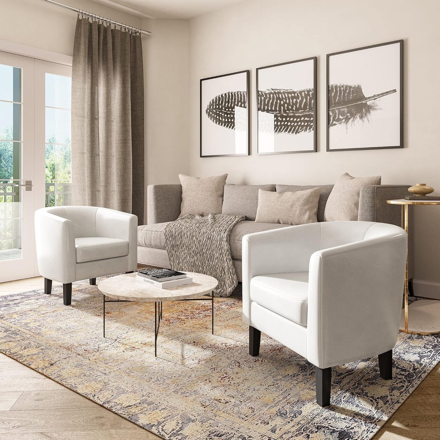 BELLEZE Accent Barrel Chair, Set of 2 lub Tub Sofa Corner Chair with Flared Legs and Cozy Soft Padding for Living Room Bedroom Waiting Room - White