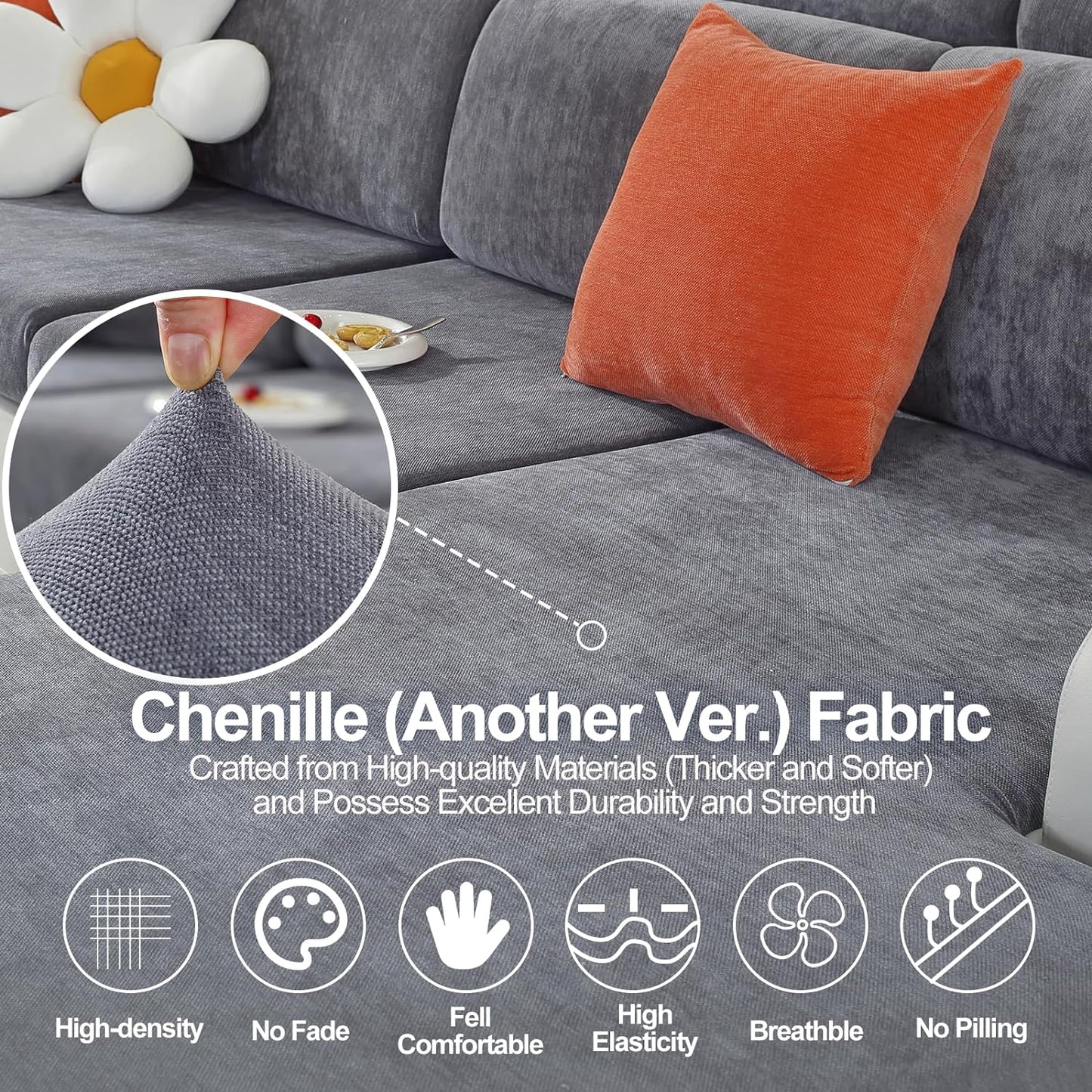 Couch Cushion Covers for L Shaped Sectional Sofa – Softer Chenille Sofa Covers Washable, Non-Slip Stretch Couch Covers & Individual Seat Cushion Slipcovers (2 Piece, Dark Grey)
