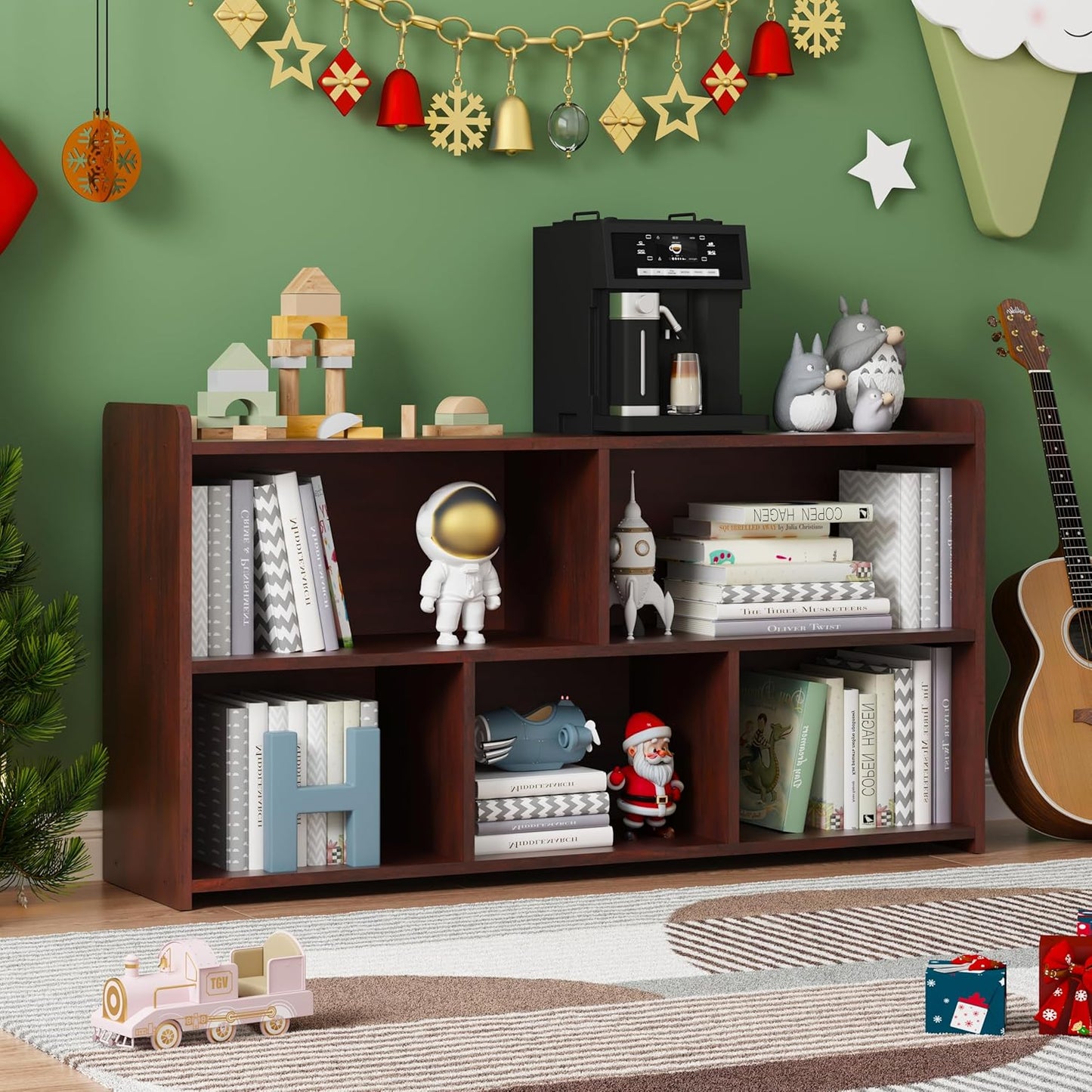 Book Shelf Set of 2, 5 Cubes Storage Organizer, Open Shelf Wooden Bookcase, Freestanding Cherry Bookshelf Cube Shelf for Bedroom, Living Room, Home Office