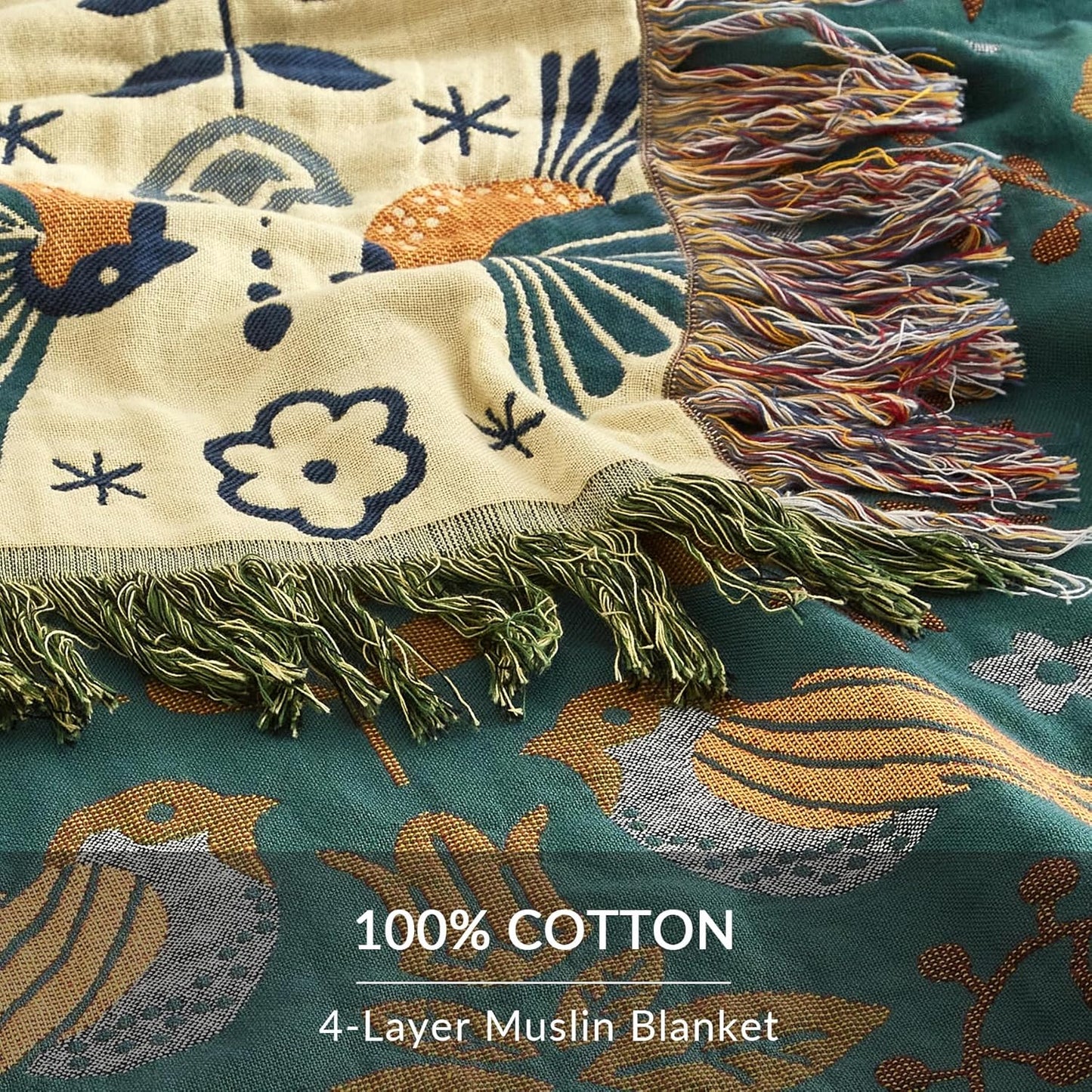 Boho Throw Blanket for Couch Sofa Bed, 100% Cotton Woven Quilt with Tassel 80”x90”, Super Soft Muslin Blanket with Bird Printed, Decorative Reversible Bed Blanket/Cover for All Seasons