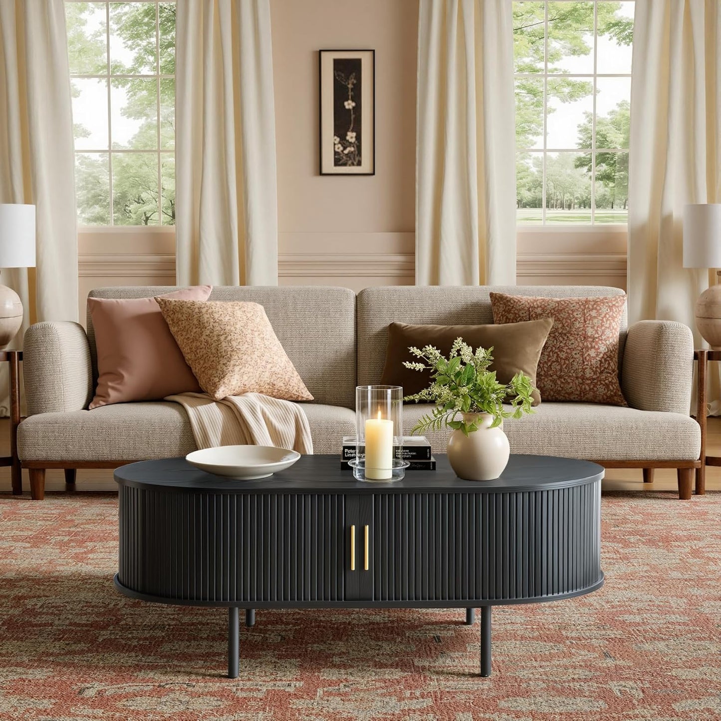 Modern Coffee Table with Storage, 47.2" Oval Fluted Coffee Table with Sliding Doors, Minimalist Tea Table with Wood Grain Veneer, Mid Century Center Tables for Living Room, Apartment, Black