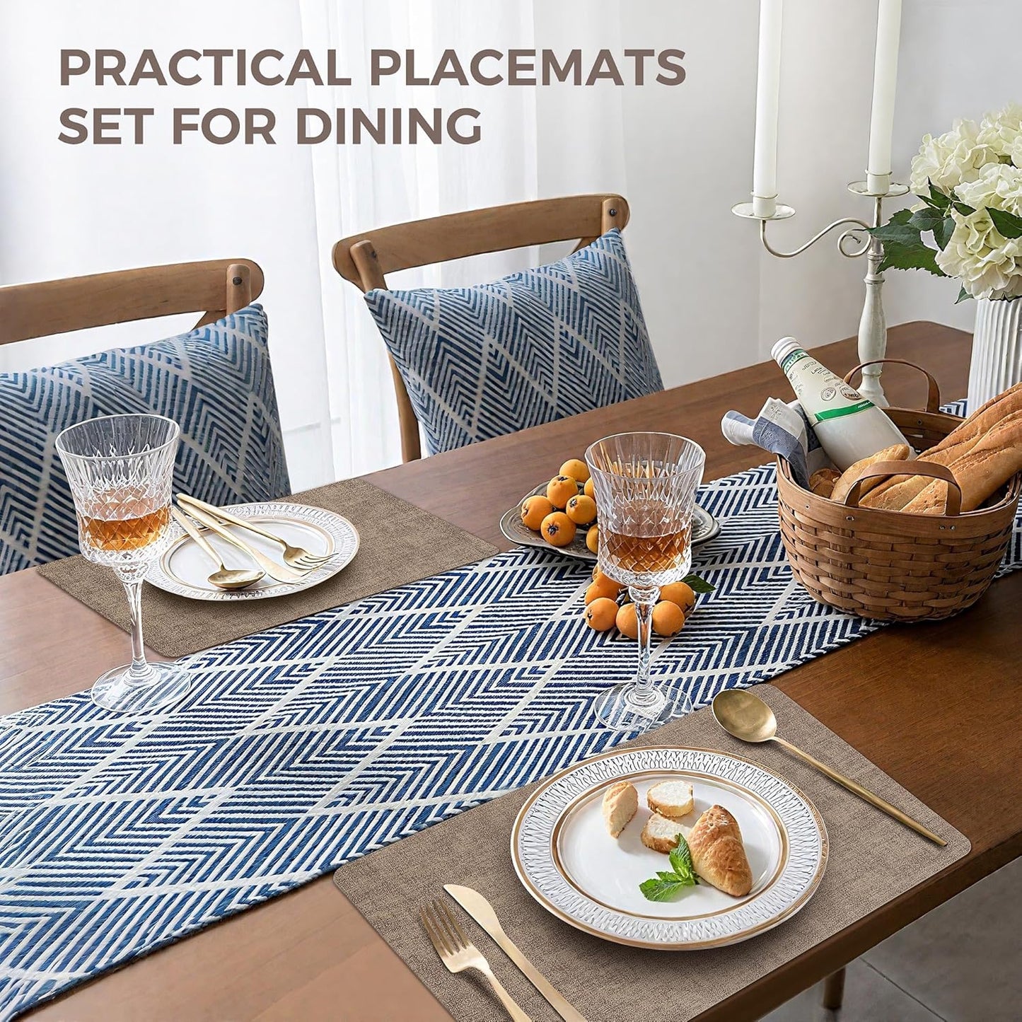 Vinyl Placemats Set of 6, Faux Leather Waterproof and Heat Resistant Place Mats, Washable Anti-Slip Table Mats with Coaster, Wipeable Placemats for Indoor & Outdoor 17" x 12" (Light Coffee, Set of 6)