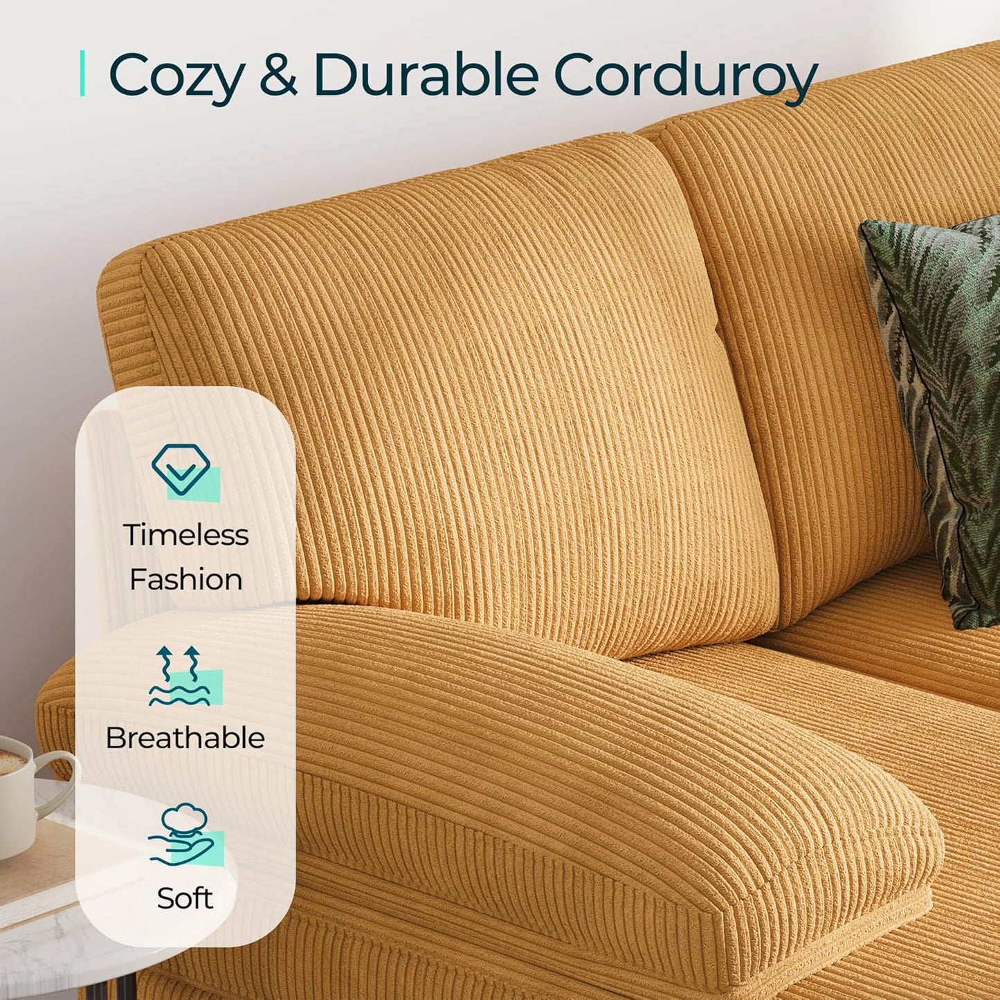 LINSY HOME Sectional Couch, 111'' W Corduroy U Shaped Sofa with Sleepable Armrests, 4 Seat Couch with Double Chaises, Deep Seat Sofa for Living Room, Yellow