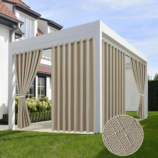 HolidayIdeas 4 Panels Linen Outdoor Curtains for Patio Waterproof Taupe Outside Curtains 110"x84"-Gazebo Wide Curtains Weighted Privacy for Pergola, Porch, Cabana, Living Room, Backyard, Pavilion