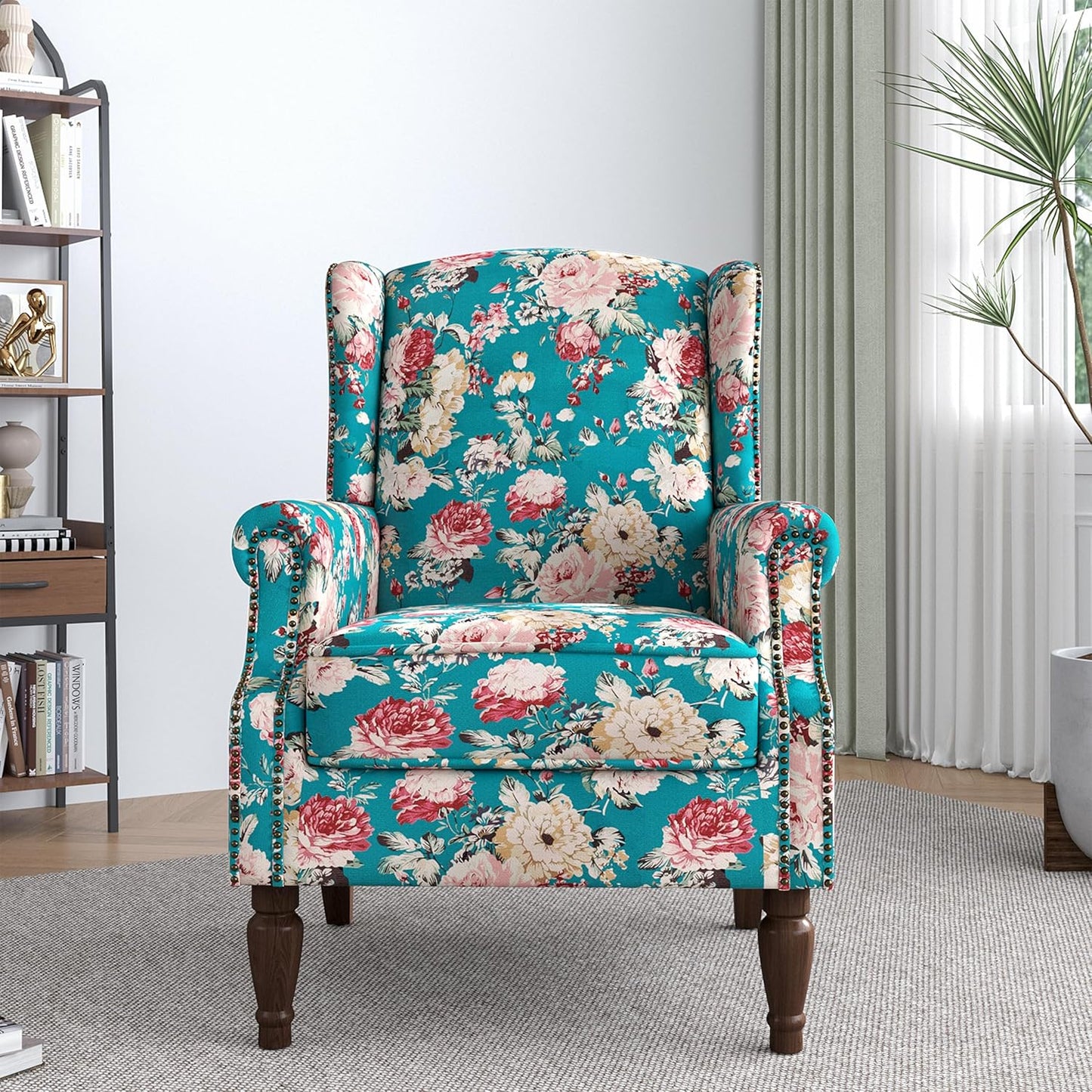Lumibee Wingback Accent Chair,High Back Floral Armchairs in Fabric,Comfy Upholstered Reading Single Sofa Chair with Solid Wood Legs for Living Room,Bedroom,Office-Peacock Blue