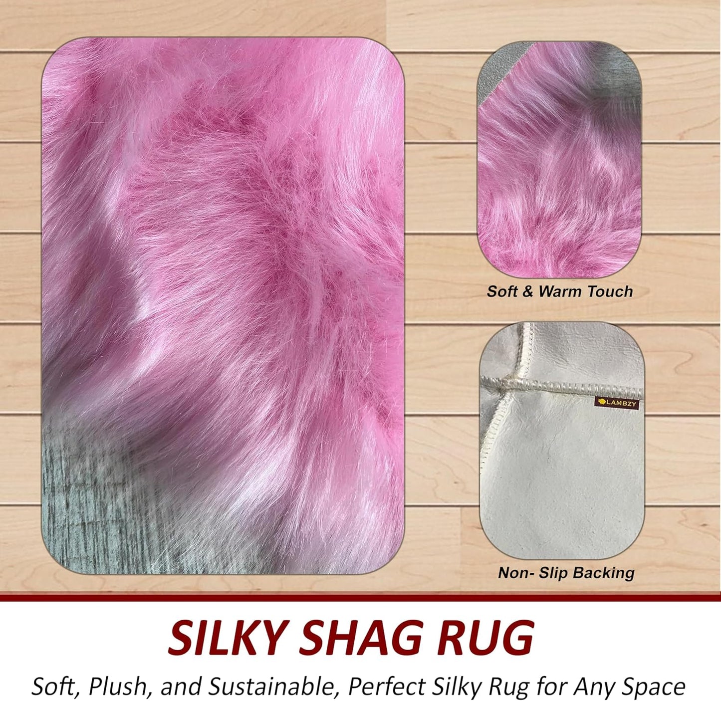LAMBZY Faux Sheepskin Super Soft Hypoallergenic Free Shape Silky Shag Rug, Luxury Shaggy Plush Carpet for Bedrooms Living Kids Room Sofa Rugs (Pink, Octo 8 Pelts 6'x8')