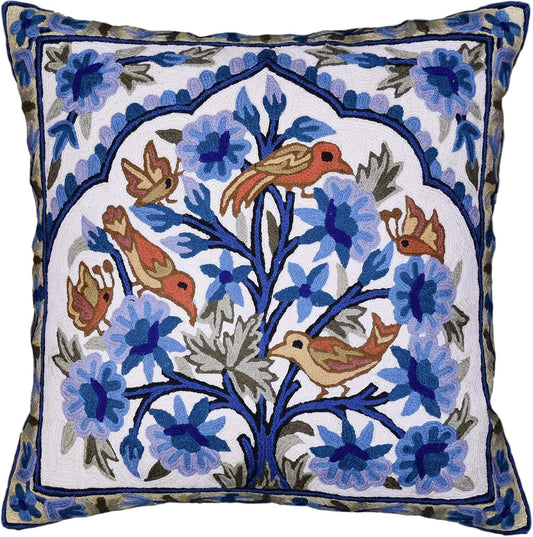 Blue Tree of Life Pillow Cover Blues Birds Floral Decorative Pillowcase Flower Outdoor Suzani Cushion Needlepoint Hand Embroidered Wool Size - 18x18