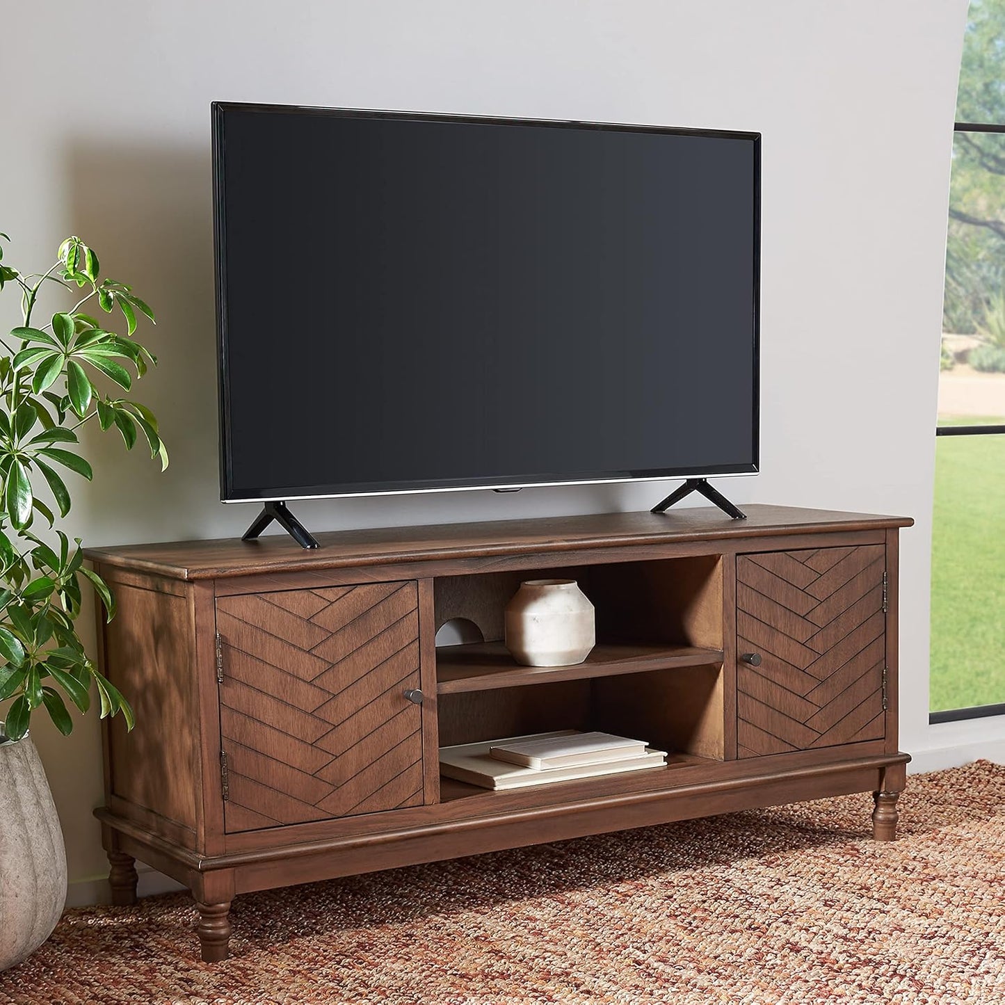 SAFAVIEH Magnolia TV Stand for up to 55" Flatscreen – Brown, 2 Doors with Interior Storage, 2 Open Shelves, Entertainment Media Console (MED5702C)