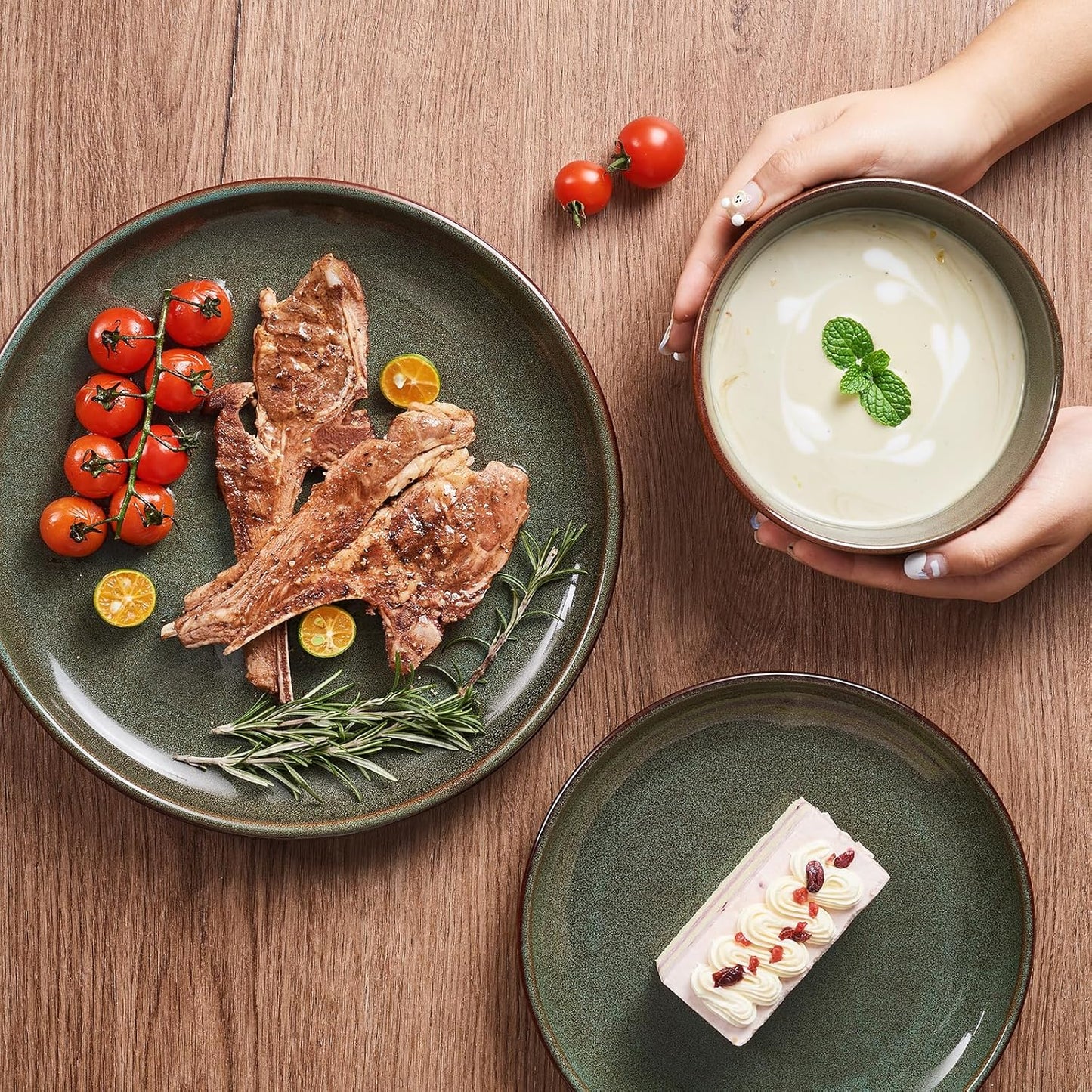 32 Piece Double Bowl Dinnerware Sets with Pasta Bowls, Highly Chip and Crack Resistant Plates and Bowls Sets, Natural Earthyware Ceramic Dishware Sets, Service for 8 Brown Green