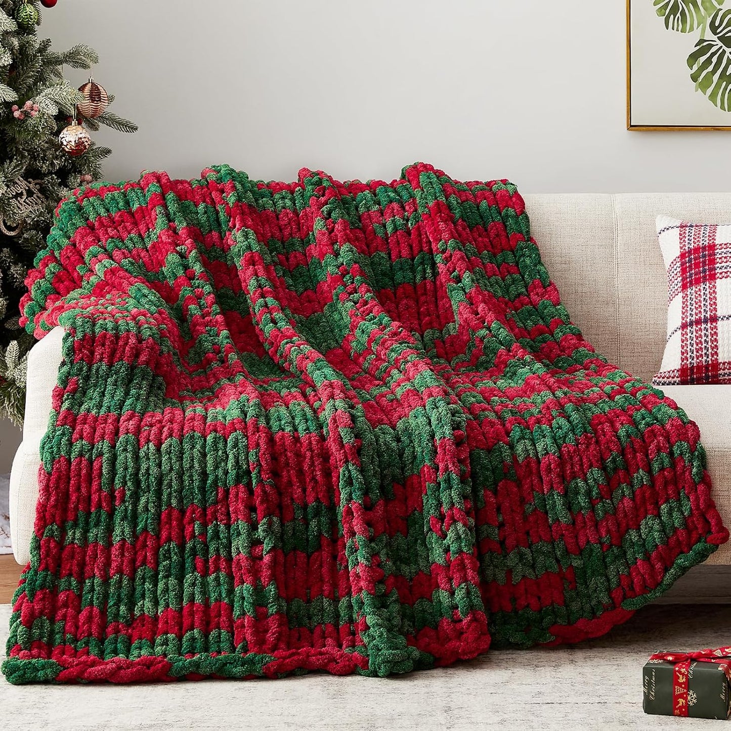 Chunky Knit Throw Blanket, 60''*80'' Knitted Throw Chenille Yarn for Bed Couch, Handmade Stripe Crochet Big Thick Blanket, Machine Washable Cute Comfy Blanket for Home Decor