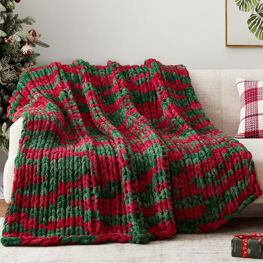 Chunky Knit Throw Blanket, 60''*80'' Knitted Throw Chenille Yarn for Bed Couch, Handmade Stripe Crochet Big Thick Blanket, Machine Washable Cute Comfy Blanket for Home Decor
