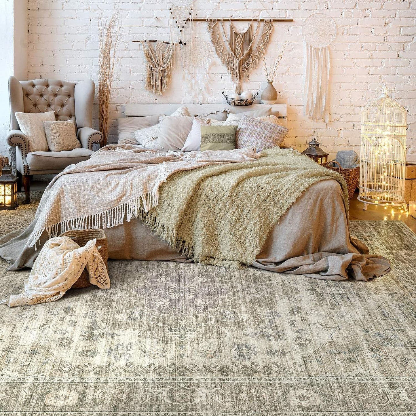 Washable Area Rugs for Living Room -8x10 Neutral Vintage Distressed Floral Farmhouse Boho Large Soft Floor Rug Indoor Non Slip Carpet for Living Room Bedroom Dining Room Office - Brown/Tan
