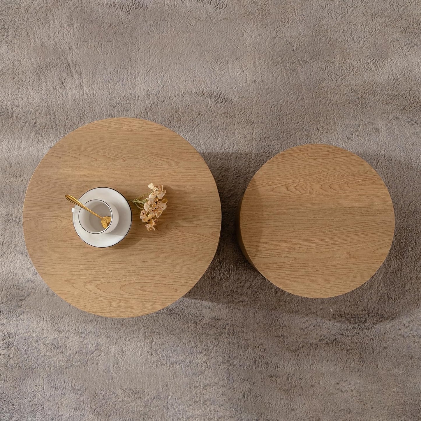 Nesting Round Coffee Table Set of 2, Small Circle Accent End Table for Small Spaces, Morden Drum Side Table, Wooden Center Table for Living Room, Fully Assembled - Natural