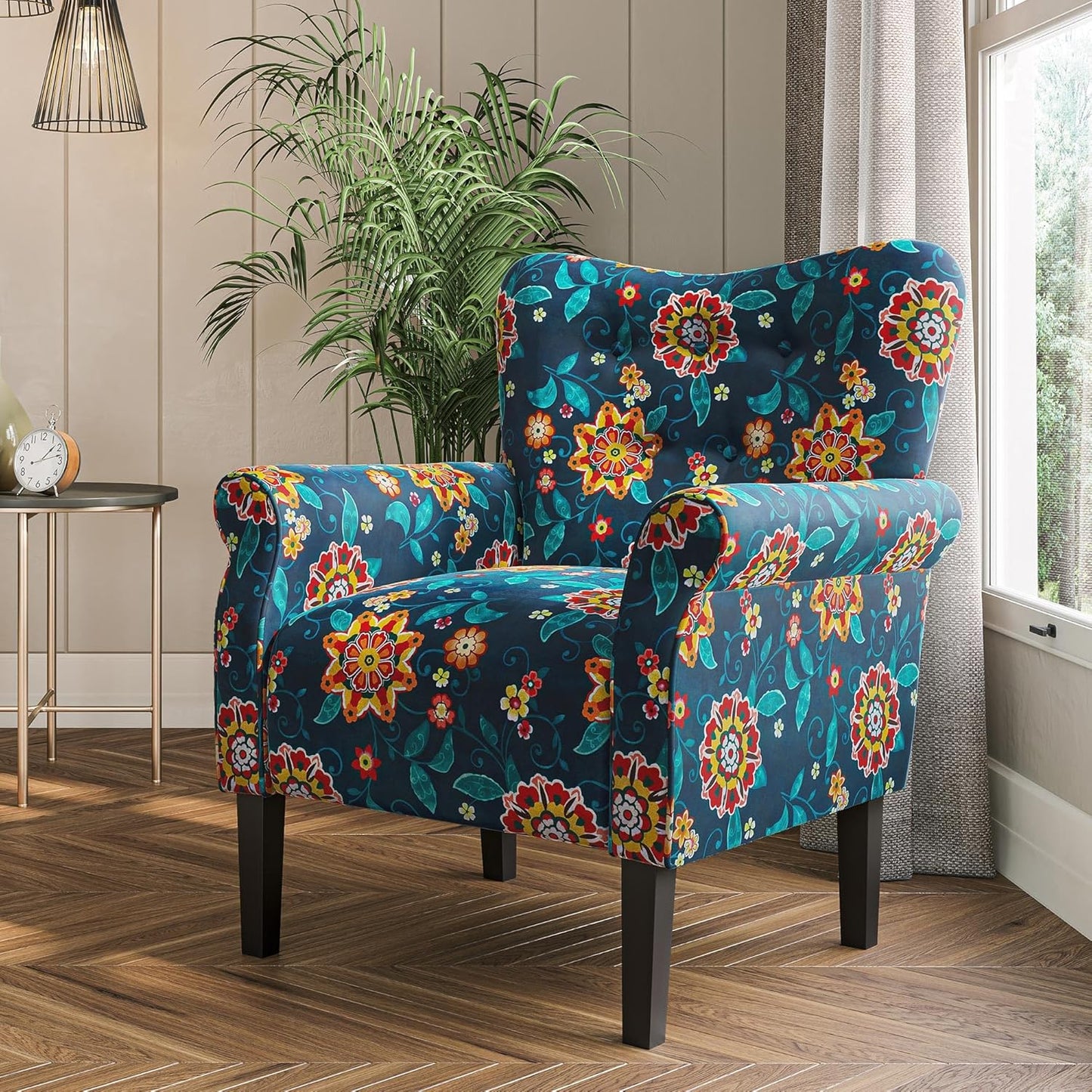 BELLEZE Modern Accent Chair for Living Room, High Back Linen Armchair with Wooden Legs, Upholstered Wingback Side Chair Padded Armrest Single Sofa for Living Room, Bedroom - Allston (Blue & Flower)