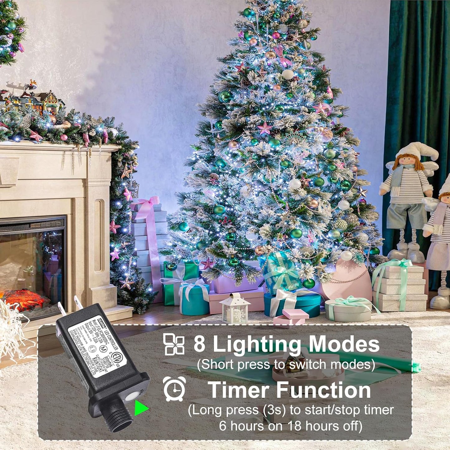 100FT 300 LED Christmas Lights Outdoor, White Christmas Tree Lights with 8 Modes Waterproof, Plug in Connectable String Twinkle Light Green Wire for Patio Yard Wedding Party Decorations