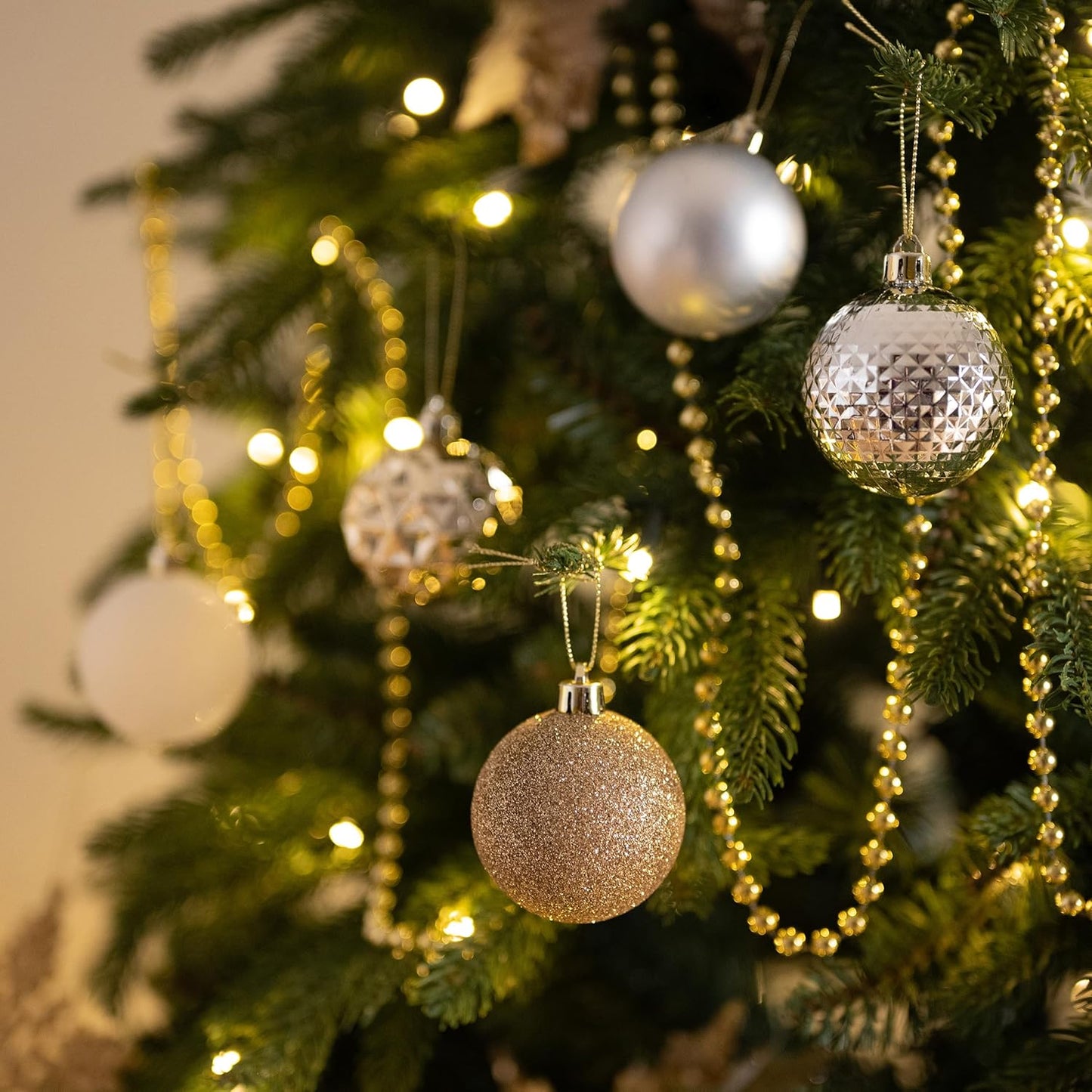 Valery Madelyn Christmas Tree Decorations Ornament Set for Fall Halloween, 50ct 2 Inches White and Gold Shatterproof Christmas Ball Ornaments Hanging Xmas Holiday Party Decor