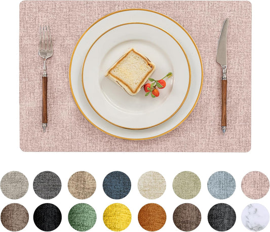Romanstile Vinyl Placemats Set of 8-12 X 18 Inch - Heat Resistant Place Mats 100% Waterproof Oilproof Wipeable Reversible Faux Leather Table Mats for Kitchen/Dining/Party/Outdoor, Pink