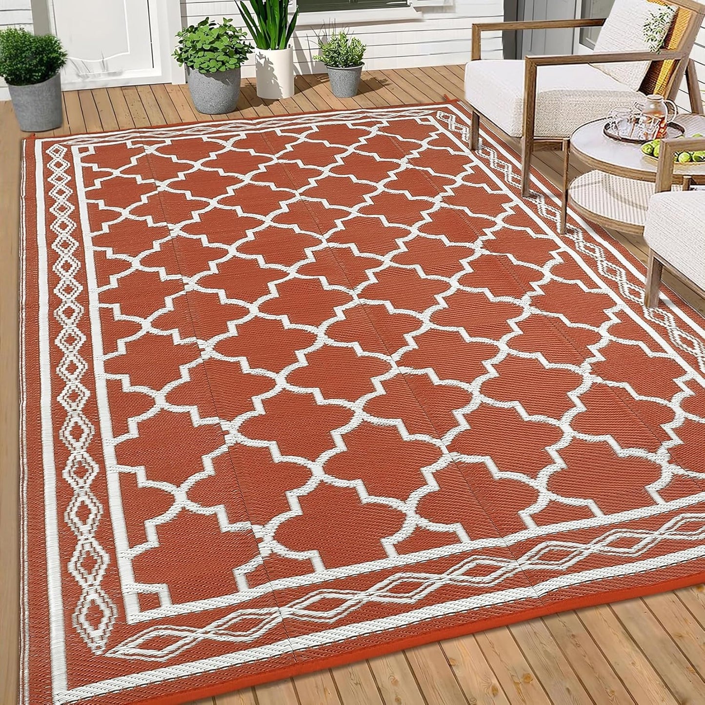 GAOMON Outdoor Plastic Straw Rug, 10'x20' Reversible Sage Green Patio Mat, Flower Modern Design for RV, Backyard, Deck, Camping, Picnic, Orange/White(Geometric)