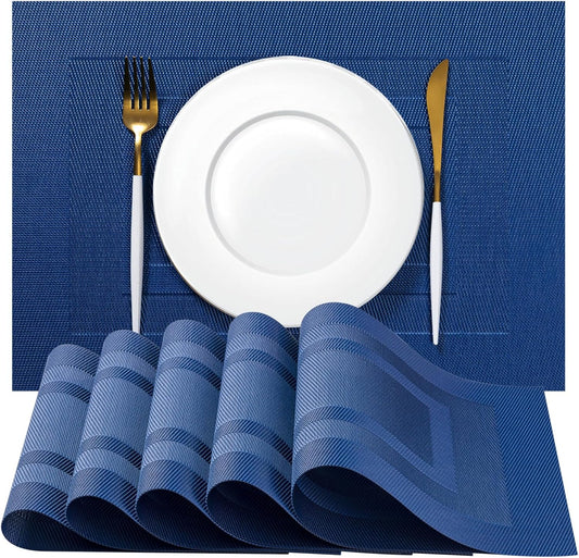 Placemats Set of 12 - Easy Clean Woven Vinyl Placemats for Dining Table, Indoor/Outdoor Place Mats, Washable PVC Table Mats（Navy Cube）