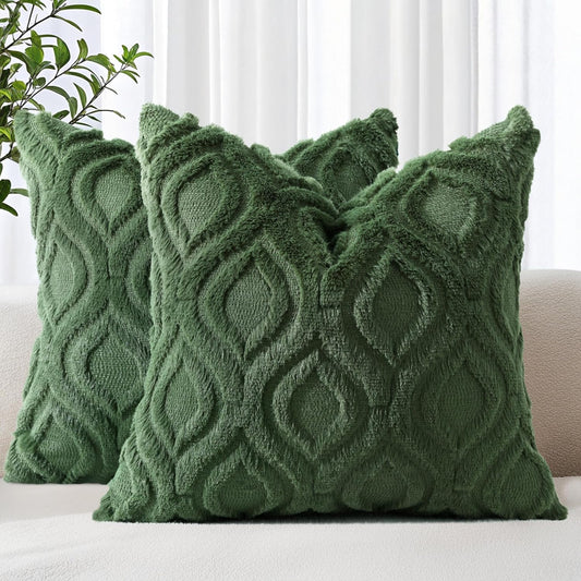 decorUhome Throw Pillow Covers 16x16 Inch Set of 2, Soft Plush Decorative Faux Fur Forest Elf Solid Couch Pillow Covers, Accent Farmhouse Neutral Square Euro Pillow Cases for Sofa Bed Living Room