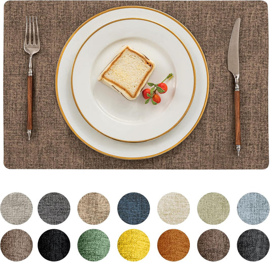 Romanstile Vinyl Placemats Set of 6-12 X 18 Inch - Heat Resistant Place Mats 100% Waterproof Oilproof Wipeable Reversible Faux Leather Table Mats for Kitchen/Dining/Party/Outdoor, Brown