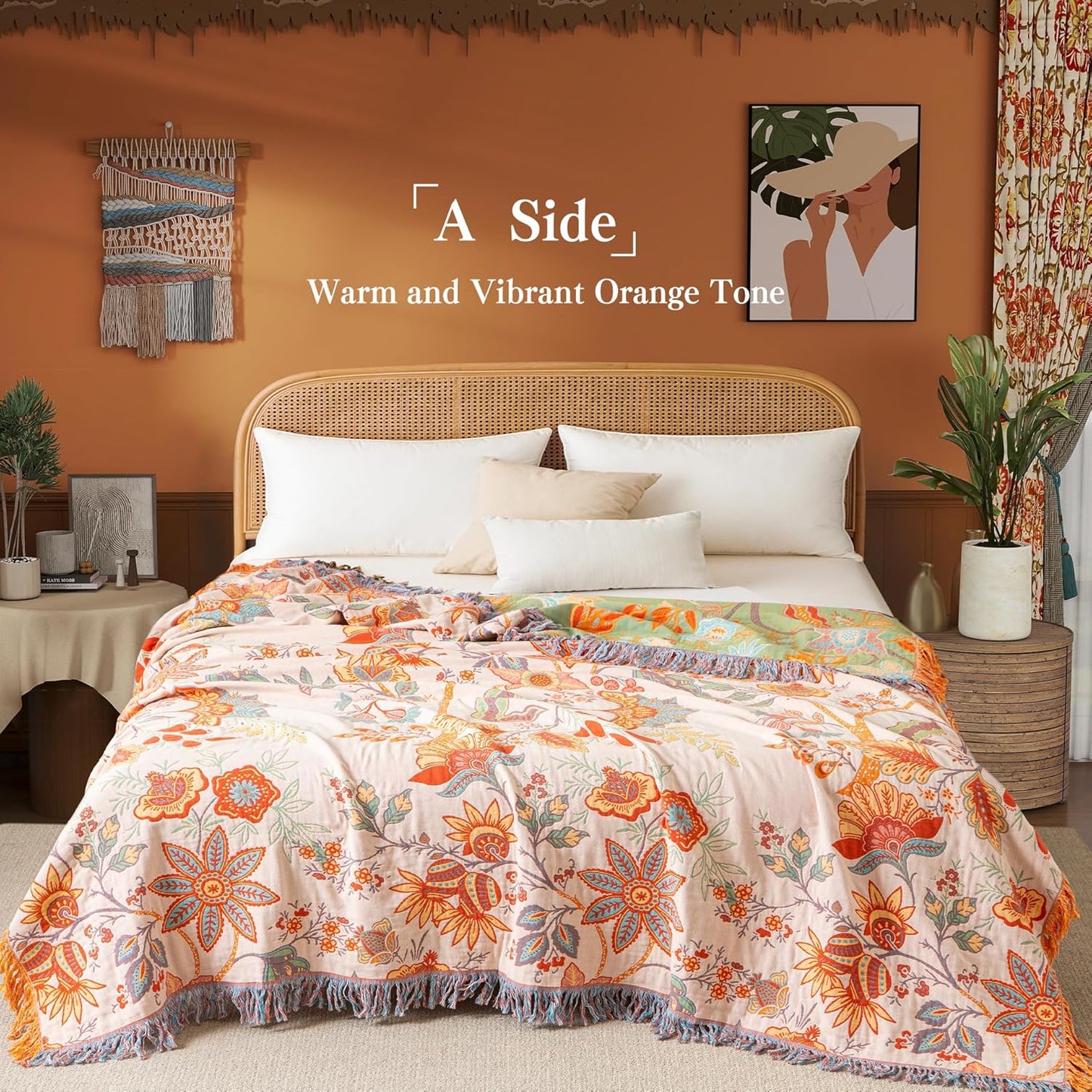 Boho Throw Blanket Twin Size, Soft Cozy Cotton Muslin Quilt Blanket for Bed Decor, Floral Patterned Couch Sofa Chair Cover, Vintage Farmhouse Cottage Tapestry Woven Blanket, Coral&Green
