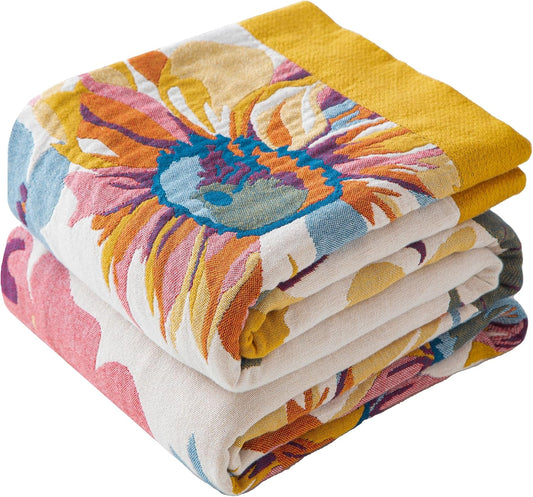 Boho Throw Blanket Queen Size, Oversized Soft Cozy Cotton Muslin Quilt Blanket for Bed Decor, Floral Patterned Couch Sofa Chair Cover, Vintage Farmhouse Cottage Woven Blanket, Yellow&Blue
