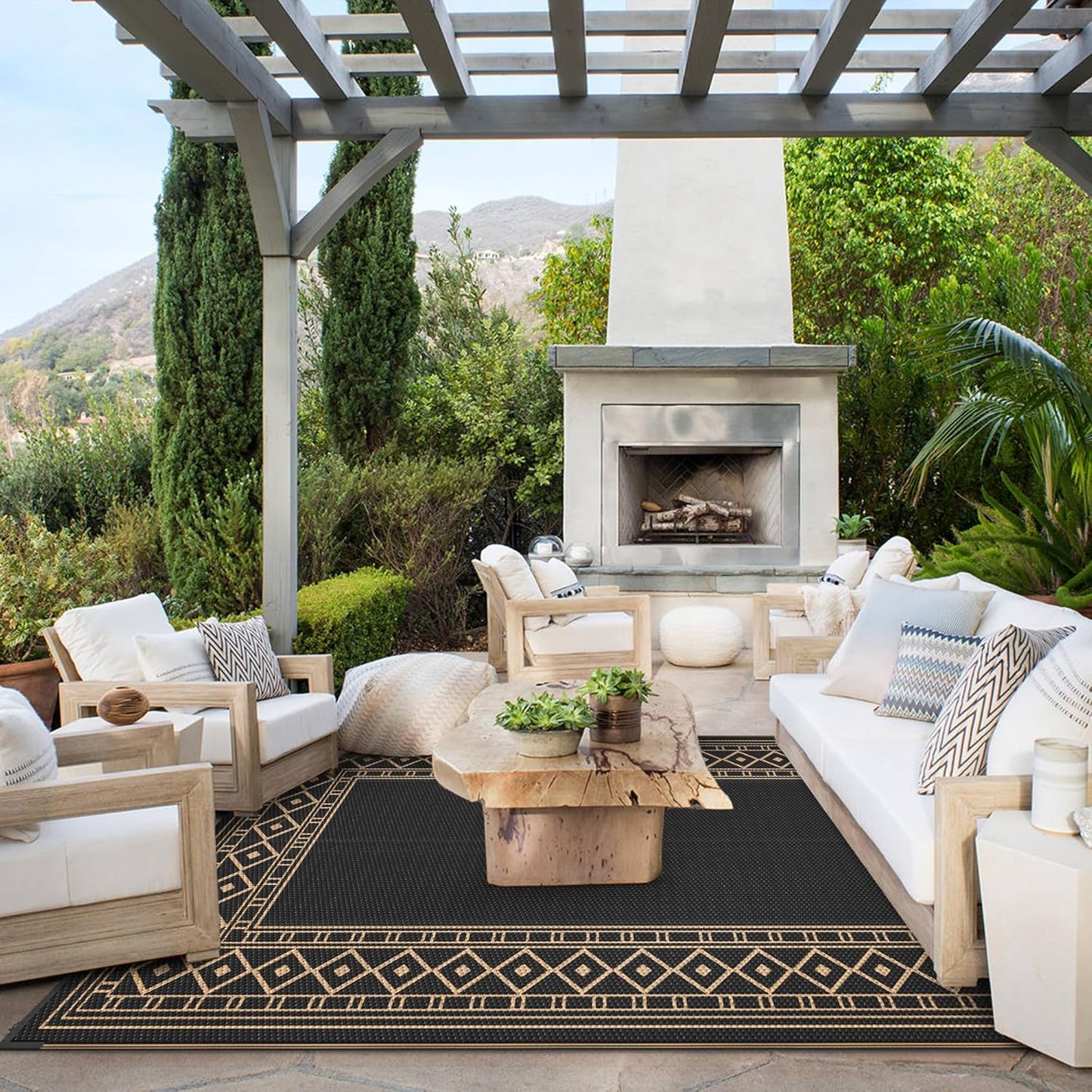 GENIMO Outdoor Rug Waterproof 9'x12' for Patio, Foldable Reversible Plastic Straw Carpet for Travel Trailers, Outside Area Mat for Rv, Deck, Picnic, Porch, Camper, Balcony, Beach, Black & Brown