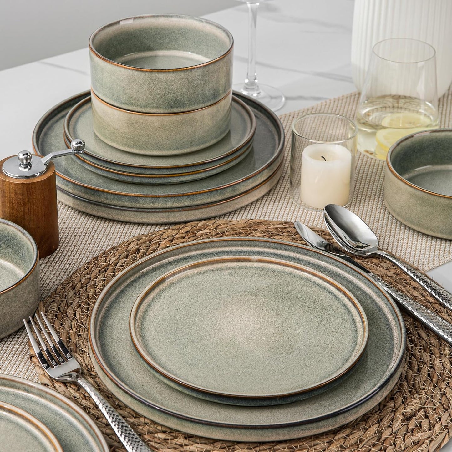 AmorArc Ceramic Dinnerware Sets, Handmade Reactive Glaze Stoneware Plates and Bowls Sets,Highly Chip and Crack Resistant | Dishwasher & Microwave Safe Dishes Set, Service for 4 (12pc)