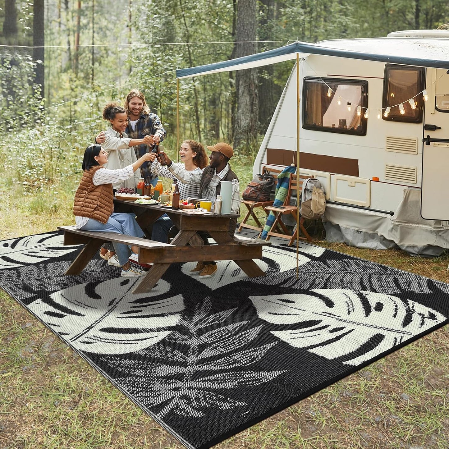 GAOMON Waterproof 8x10 Outdoor Rug Reversible Plastic Straw Rug Modern Patio Carpet, Foldable Lightweight RV Camping Mat with Portable Bag & 4 Stakes, UV Resistant & Sturdy for Picnic, Beige