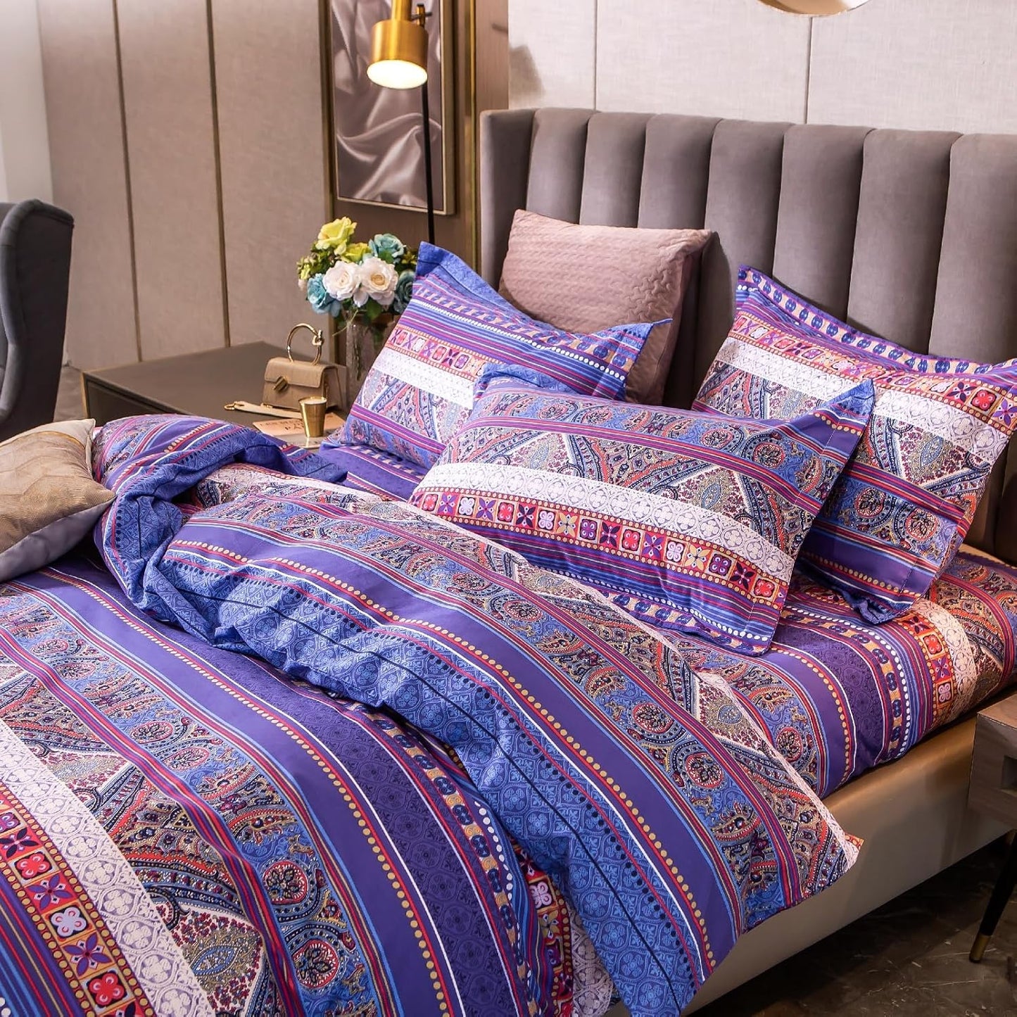 ABREEZE Bohemian Vintage King Size Floral Cotton Bedding Set 3Pcs Duvet Cover Set Boho Purple Paisley 100% Egyptian Brushed Cotton Reversible Home Bedding Collection