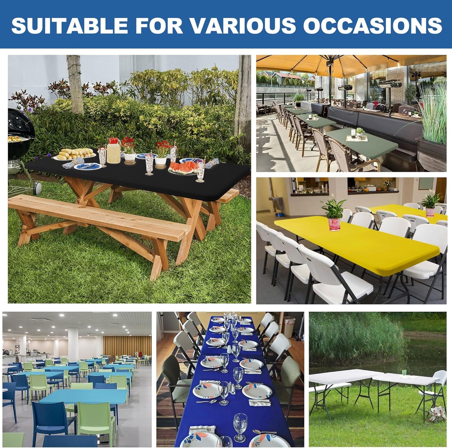 Fitted Tablecloth for 6 Foot Rectangle Tables-4 Pack Black Elastic Outdoor Picnic Table Cover-Spandex Stretch Folding Table Cloths 6 ft for Camping Dining Room Patio Kitchen Banquet Party