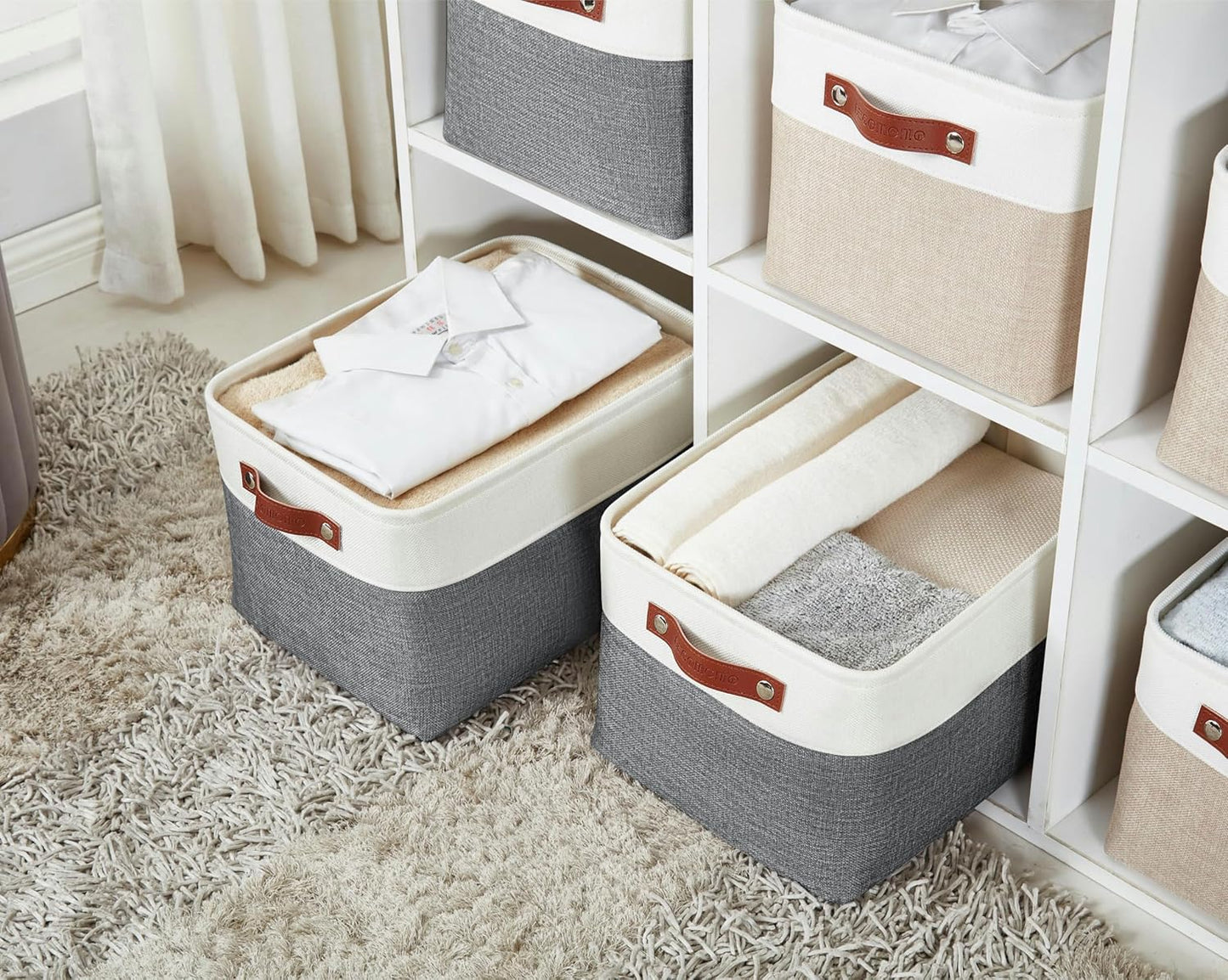 DECOMOMO Storage Bins Fabric Storage Baskets for Shelves, Linen Closet Organization Toys Nursery (Slate Grey and White, Large - 3 Pack)
