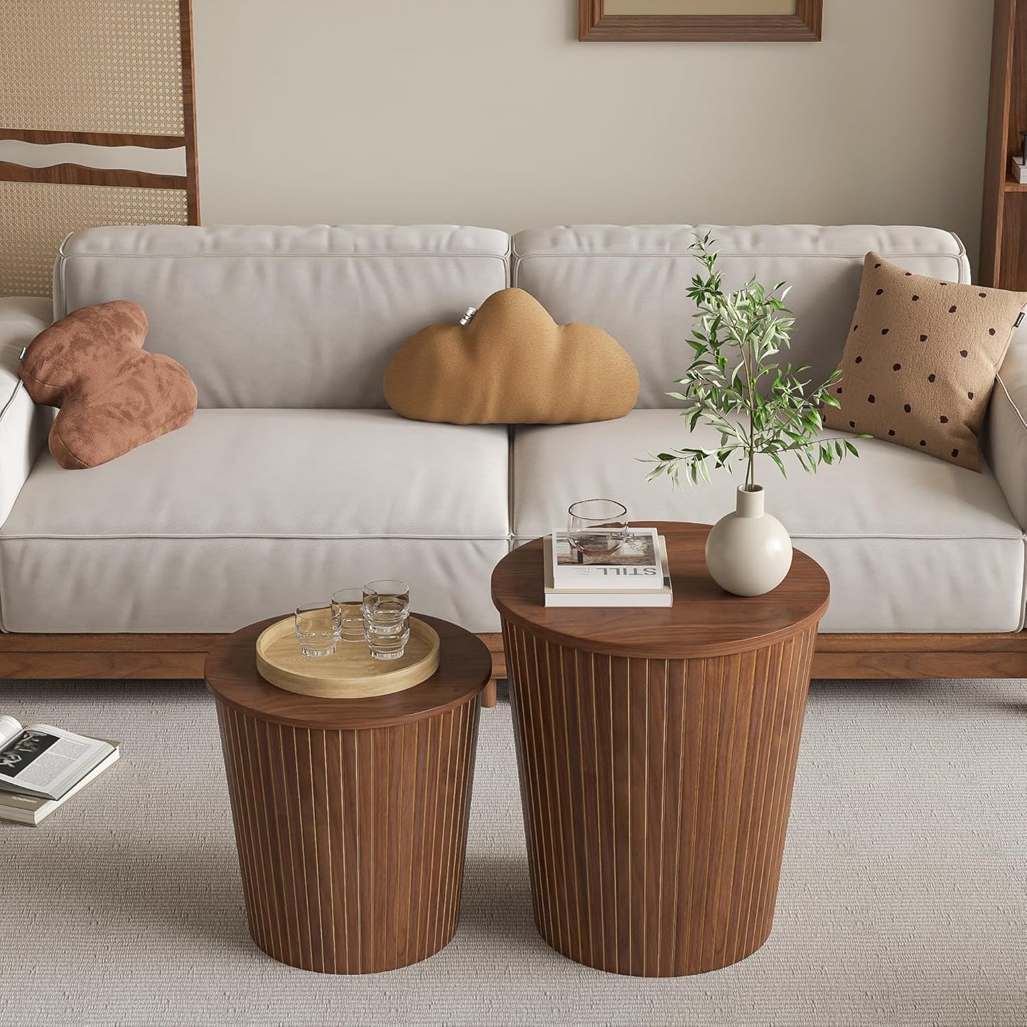 Nesting Coffee Table Set of 2, Round End Table with Storage, Farmhouse Side Table with Removable Wood Tops and Wood Basket Bases for Blanket Storage, Modern Coffee Table for Living Room (Walnut)
