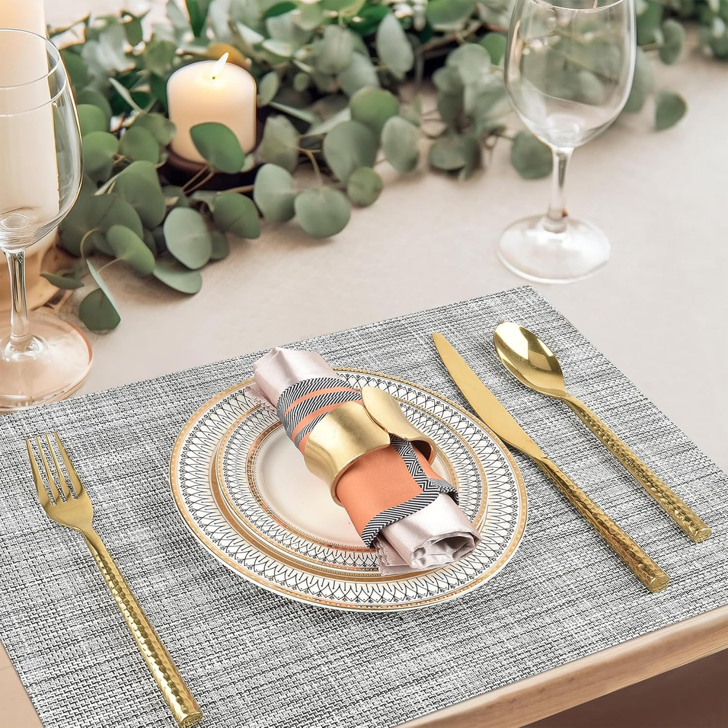 Placemats Set of 4 - Easy Clean Washable Vinyl Placemats - Wipeable Heat Resistant Table Mats for Dining Table - 17.7x11.8 Inch (4, Black & White Two-Tone)