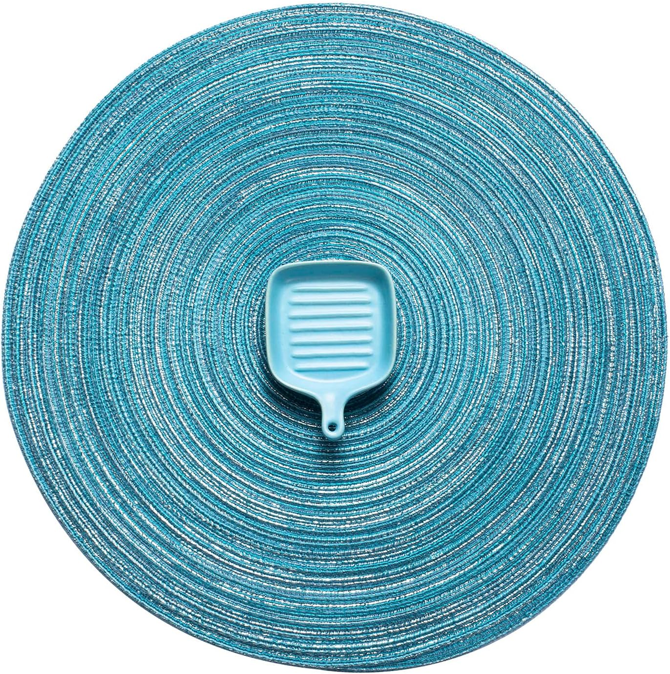 AHHFSMEI Round Braided Placemats Set of 6 Round Table Mats for Dining Tables Natural Woven Heat Resistant Place mats 15 Inch (Blue Silver)