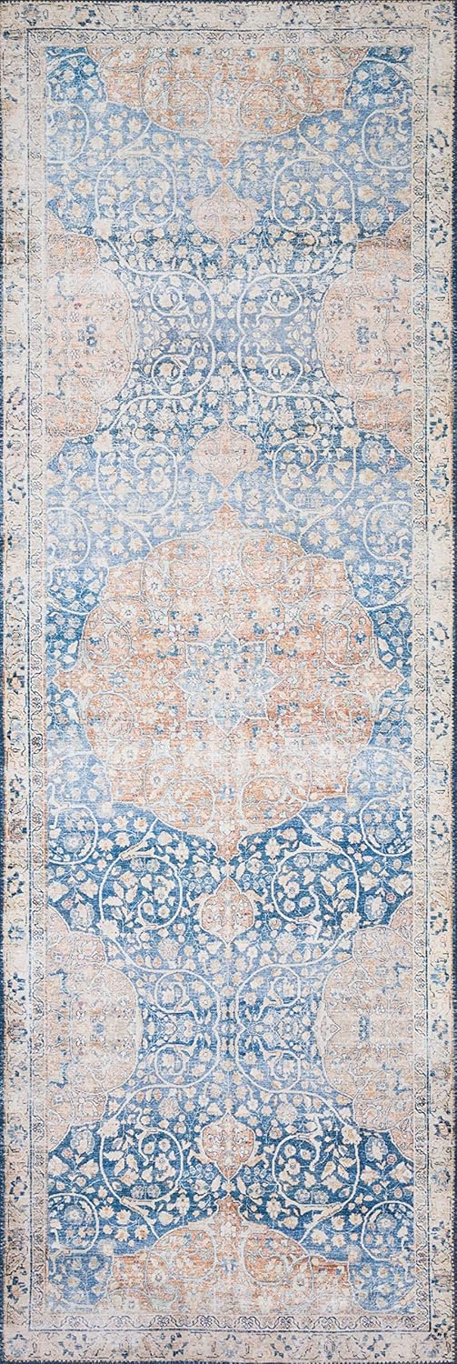 Loloi Layla Collection LAY-07 Blue/Tangerine 2'-6" x 9'-6" .13" Thick Runner Rug, Soft, Durable, Vintage Inspired, Distressed, Low Pile, Non-Shedding, Easy Clean, Printed, Living Room Rug