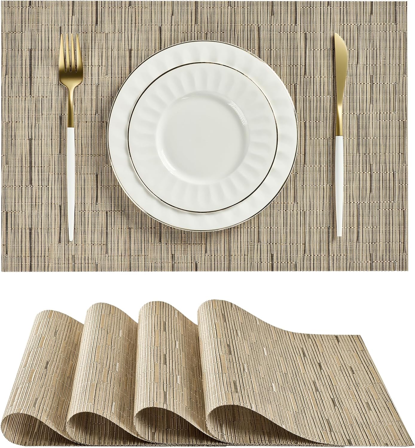 Leetaltree Light Brown Placemats Set of 4 - Heat Resistant Non-Slip Place mats for Dining Table, Washable Durable PVC Vinyl Woven Table Mats（Light Brown, 4）