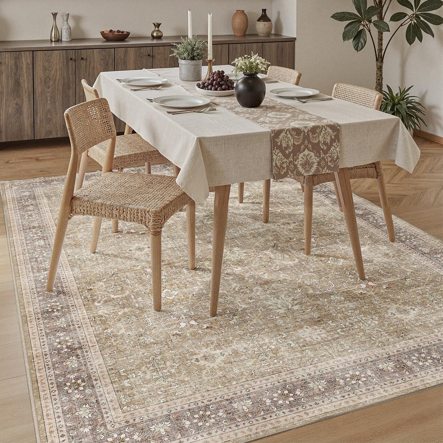 DCX Machine Washable Brown and Beige Area Rug 5x7, Non Slip Stain Resistant Vintage Rug for Living Room Diningroom Bedroom Nursery, Soft Low Pile Large Carpet