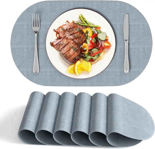 DOLOPL Placemats Set of 6, Oval Reversible Wipeable & Heat Resistant Place Mats, Modern Faux Leather Table Mats for Kitchen, Neutral Tablemats for Dining Table Decor, Wedding, Party(Dusty Blue)
