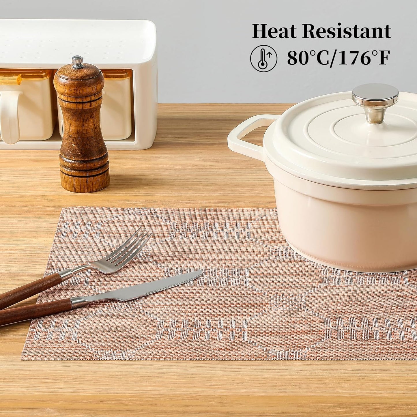 Leetaltree Coral Placemats Set of 6 - Heat Resistant Non-Slip Place mats for Dining Table, Washable Durable PVC Vinyl Woven Table Mats（Coral, 6）