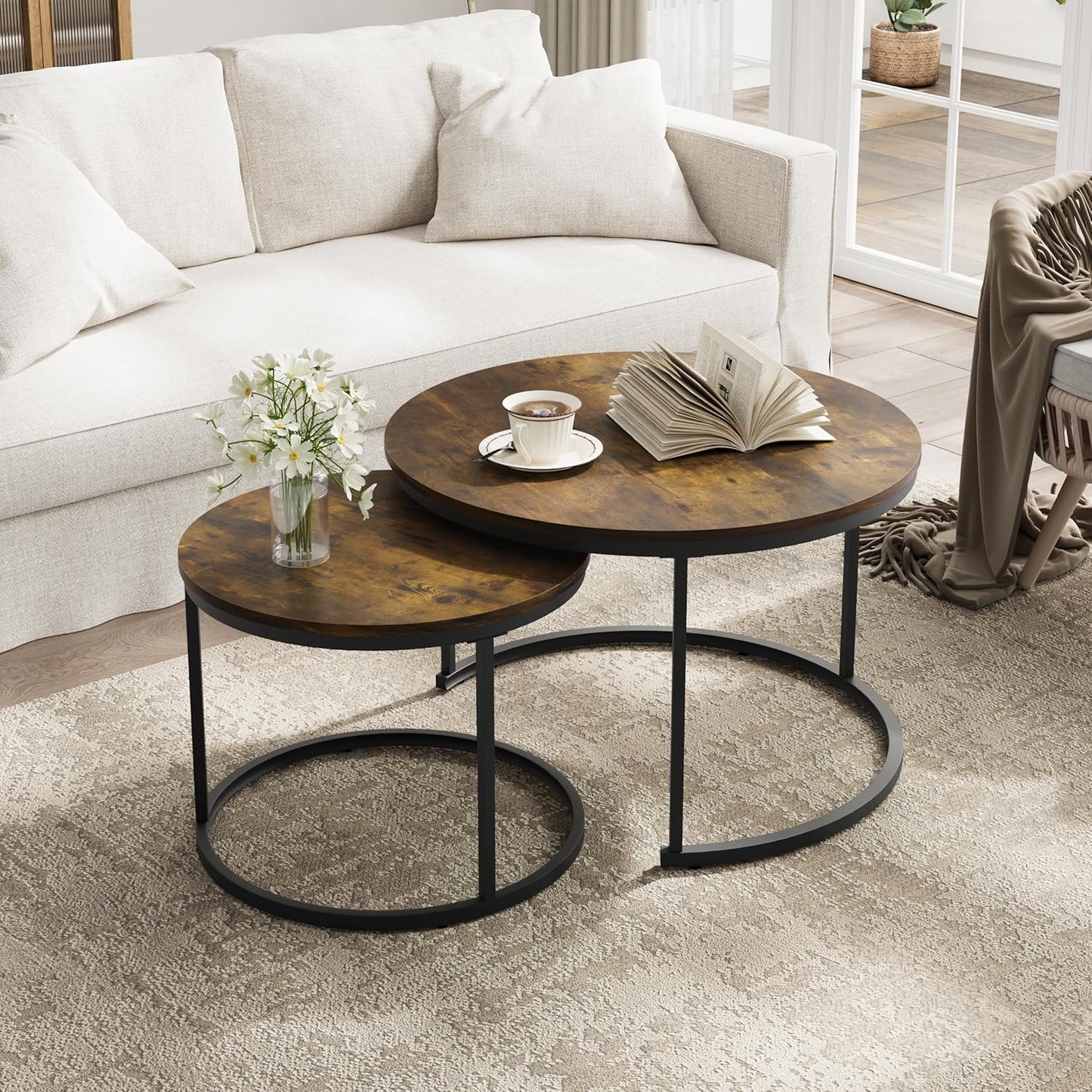 Smuxee Rustic Nesting Coffee Table Set of 2, 27.6" Round Coffee Table Wooden Marble Pattern with Adjustable Non-Slip Feet, Industrial End Table for Living Room Bedroom Balcony