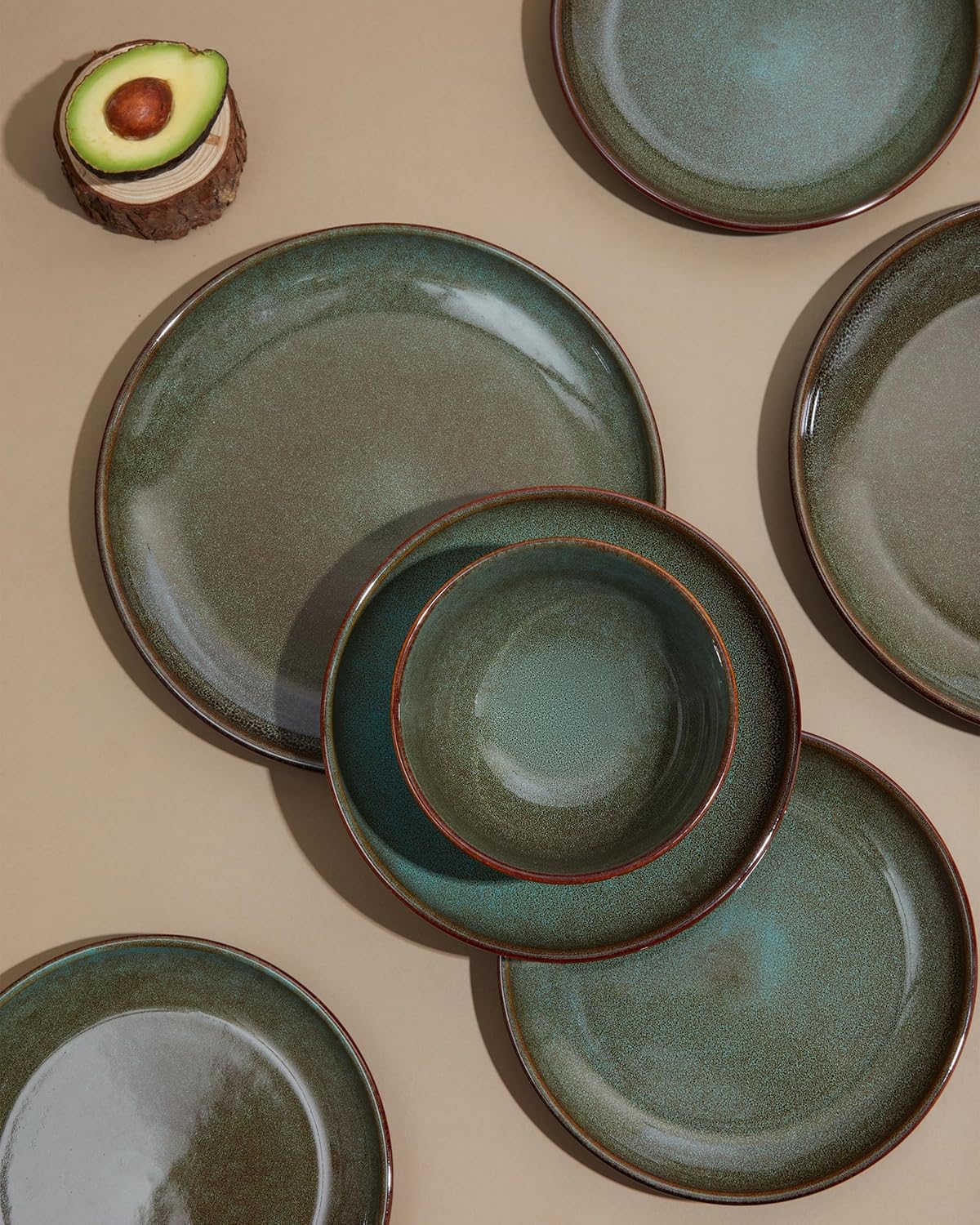 16 Piece Double Bowl Dinnerware Sets with Pasta Bowls, Highly Chip and Crack Resistant Plates and Bowls Sets, Natural Earthyware Ceramic Dishware Sets, Service for 4 Sage Green