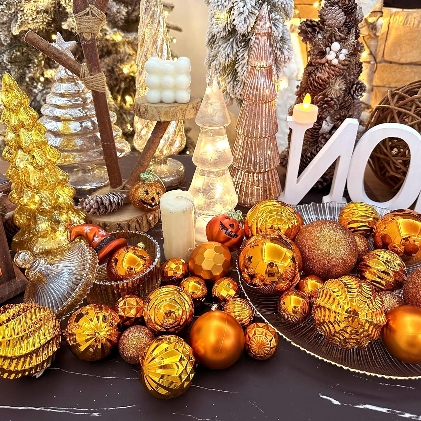 XmasExp 24ct Christmas Ball Ornaments Set Yellow Shatterproof Xmas Tree Hanging Decorations Perfect for Fall Thanksgiving Holiday Decor (Orange, 2.36")